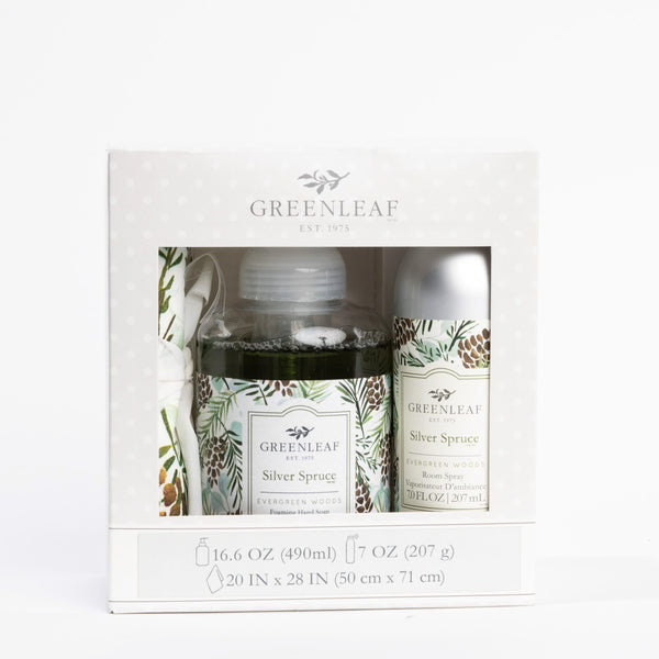 Silver Spruce Foaming Hand Soap, Non-Aerosol Room Spray, and Tea Towel Gift Set