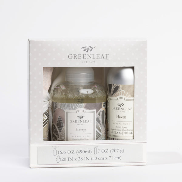 Haven Foaming Hand Soap, Non-Aerosol Room Spray, and Tea Towel Gift Set