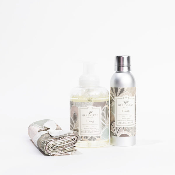 Haven Foaming Hand Soap, Non-Aerosol Room Spray, and Tea Towel Gift Set