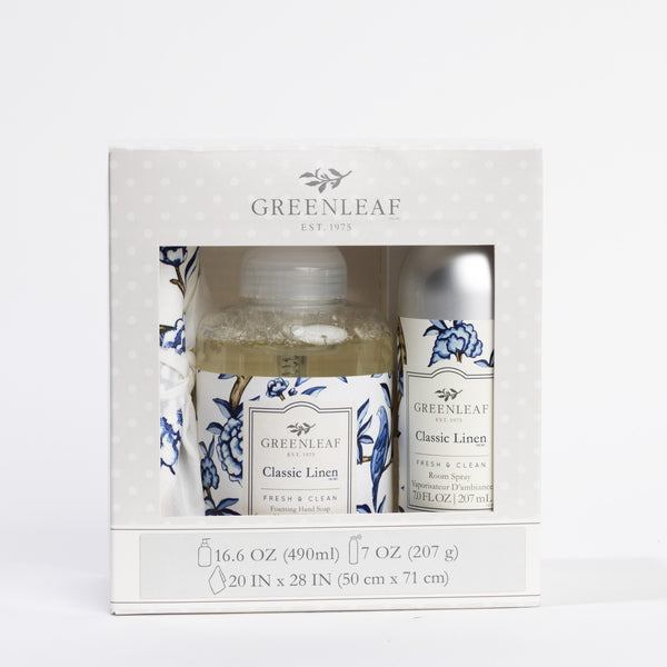 Classic Linen Foaming Hand Soap, Non-Aerosol Room Spray, and Tea Towel Gift Set