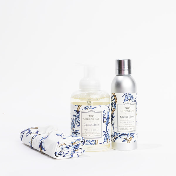 Classic Linen Foaming Hand Soap, Non-Aerosol Room Spray, and Tea Towel Gift Set