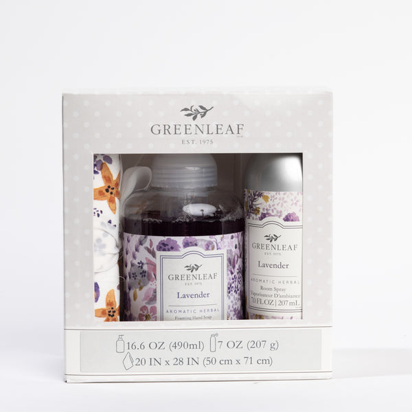 Lavender Foaming Hand Soap, Non-Aerosol Room Spray, and Tea Towel Gift Set