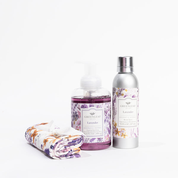 Lavender Foaming Hand Soap, Non-Aerosol Room Spray, and Tea Towel Gift Set