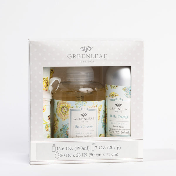 Bella Freesia Foaming Hand Soap, Non-Aerosol Room Spray, and Tea Towel Gift Set