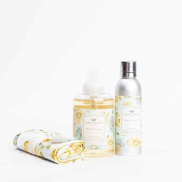 Bella Freesia Foaming Hand Soap, Non-Aerosol Room Spray, and Tea Towel Gift Set