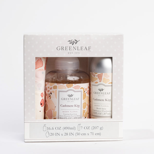 Cashmere Kiss Foaming Hand Soap, Non-Aerosol Room Spray, and Tea Towel Gift Set