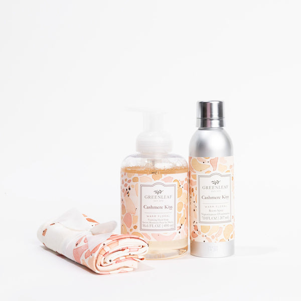 Cashmere Kiss Foaming Hand Soap, Non-Aerosol Room Spray, and Tea Towel Gift Set