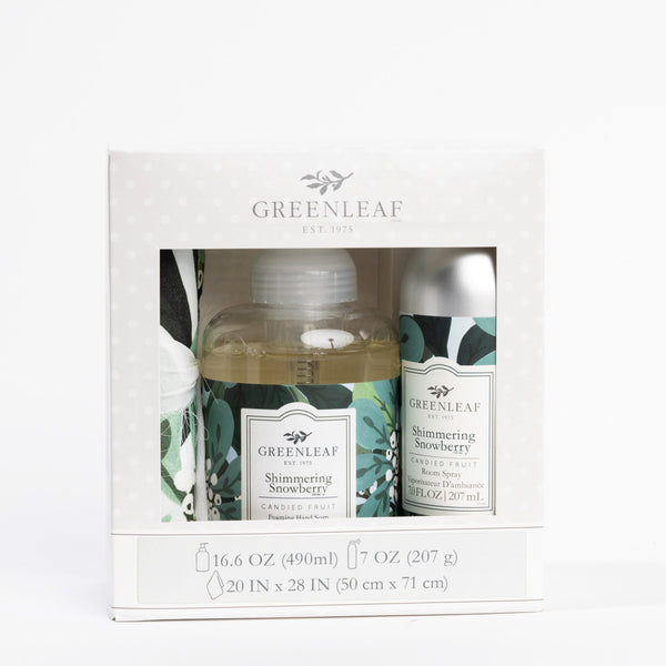 Shimmering Snowberry Foaming Hand Soap, Non-Aerosol Room Spray, and Tea Towel Gift Set