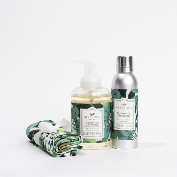 Shimmering Snowberry Foaming Hand Soap, Non-Aerosol Room Spray, and Tea Towel Gift Set
