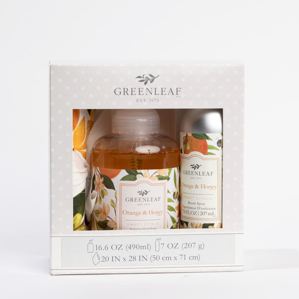 Orange & Honey Foaming Hand Soap, Non-Aerosol Room Spray, and Tea Towel Gift Set