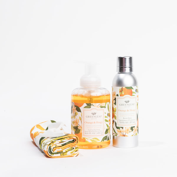 Orange & Honey Foaming Hand Soap, Non-Aerosol Room Spray, and Tea Towel Gift Set