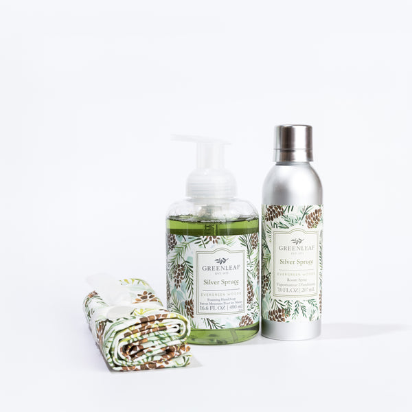 Silver Spruce Foaming Hand Soap, Non-Aerosol Room Spray, and Tea Towel Gift Set
