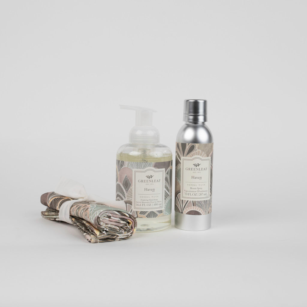 Haven Foaming Hand Soap, Non-Aerosol Room Spray, and Tea Towel Gift Set