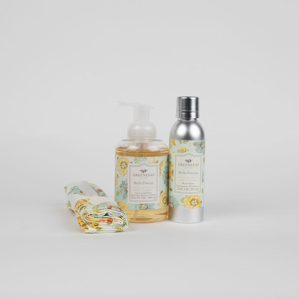 Bella Freesia Foaming Hand Soap, Non-Aerosol Room Spray, and Tea Towel Gift Set